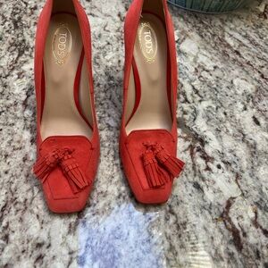 Tod's Vibrant Darker Orange Suede Tassel Heels